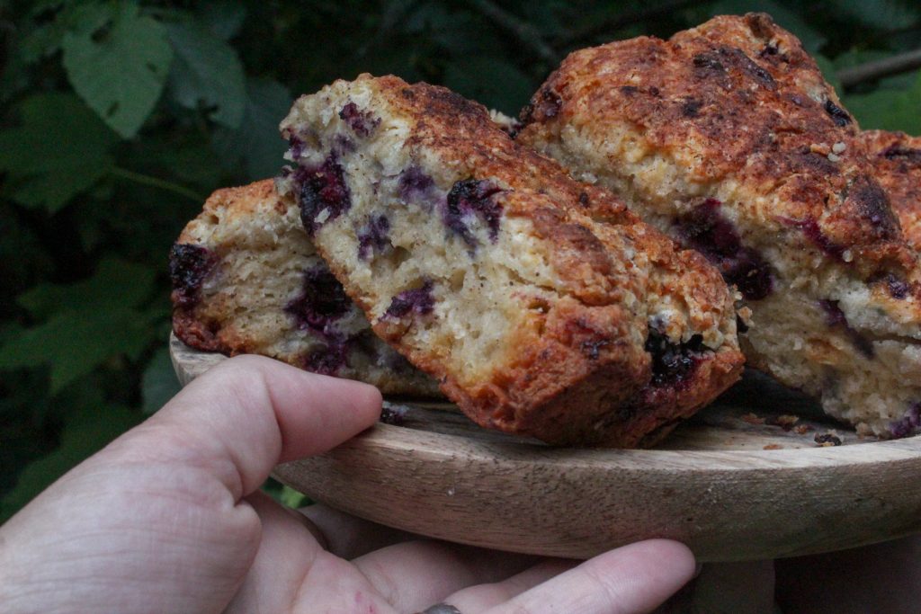 mountain huckleberry scones on a wooden plate 