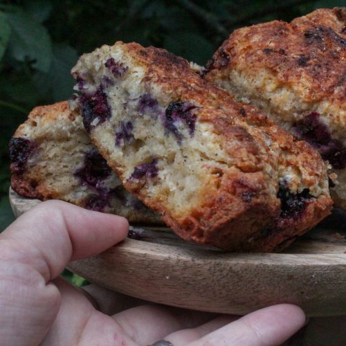mountain huckleberry scones on a wooden plate